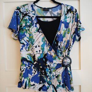 Bay Studio Career Blue White Black and Green Faux Wrap Top with Black Ring